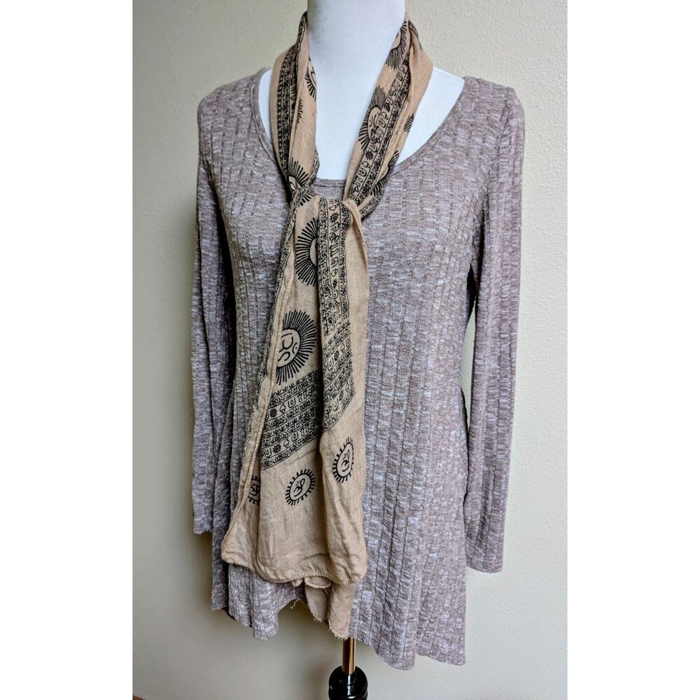 Taupe & White Textured Knit Pullover Sweater Scoop Neck & Scarf | Women
